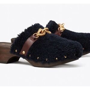Tory Burch Jessa Shearling Clog Navy With Gold Logo Plum Leather Trim Size 6